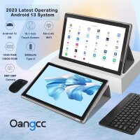 Oangcc A9 Tablet, 10.1 Zoll, Android 13, 12GB RAM, 128GB Speicher, 8MP Kamera, Octa-Core 2.0GHz, 1280x800, Grau