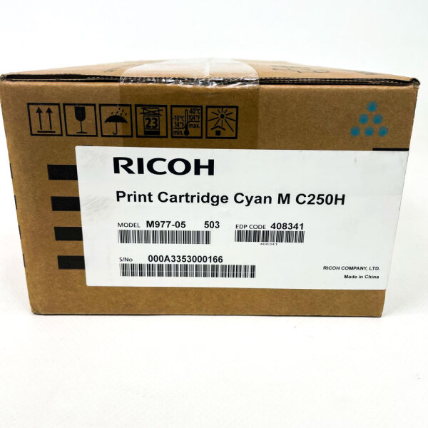 Ricoh 408341 Cyan XL toner cartridge, model M C250H, high capacity, compatible with Ricoh printers