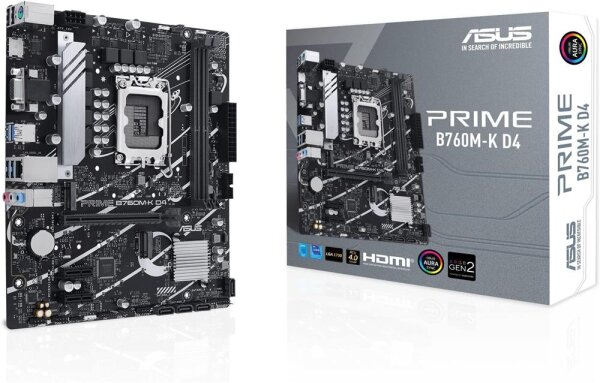 ASUS Prime B760M-K D4 Mainboard, mATX, Intel B760, LGA 1700, DDR4, 2x M.2 PCIe 4.0, 2.5Gb LAN, HDMI, USB 3.2, Aura Sync