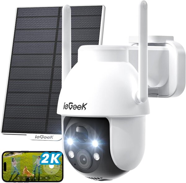 ieGeek 2K WiFi Outdoor Security Camera, Solar Powered, Battery Powered, 360° PTZ, Color Night Vision, Motion Detection, Alexa Compatible