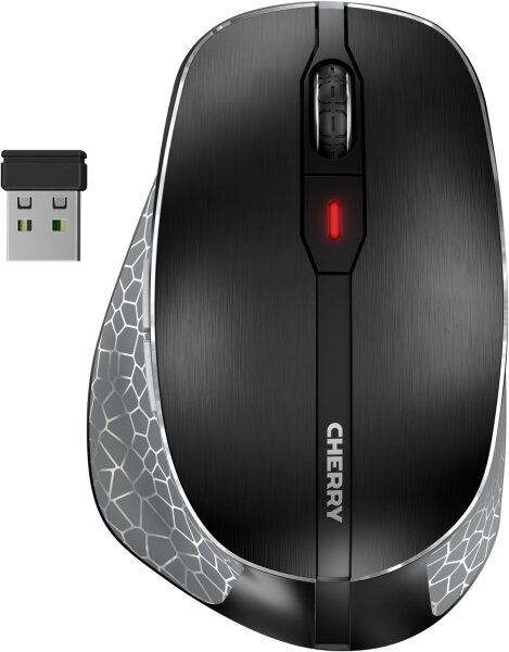 Cherry MW 8C ERGO, kabellose ergonomische Maus, Bluetooth/2,4-GHz, USB-Empfänger, wiederaufladbar, schwarz-grau