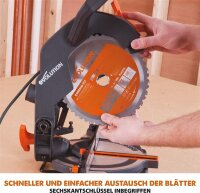Evolution R210CMS miter saw, 210 mm, 230V, multi-purpose saw blade, compact, precise cuts, power tool