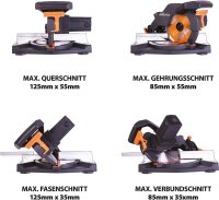 Evolution R210CMS miter saw, 210 mm, 230V, multi-purpose saw blade, compact, precise cuts, power tool