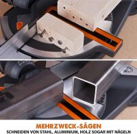 Evolution R210CMS miter saw, 210 mm, 230V, multi-purpose saw blade, compact, precise cuts, power tool