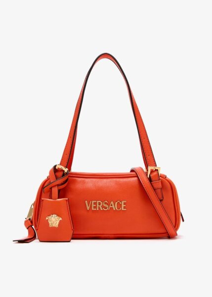 Versace Tag Bowling mini bag, nappa leather, orange, compact handbag with logo detail and zipper