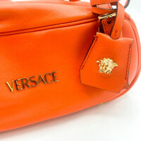 Versace Tag Bowling mini bag, nappa leather, orange, compact handbag with logo detail and zipper