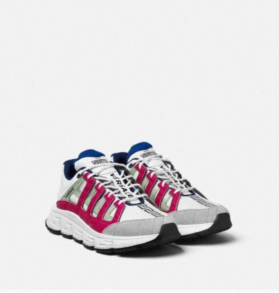 Versace Trigreca sneakers, size 40.5, mens, white-black, leather-mesh, striking Greca design