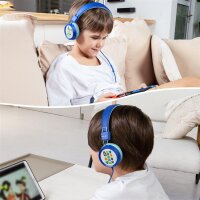 New Bee KH20 Kinder-Kopfhörer mit Mikrofon, 85–94 dB Lautstärkebegrenzung, faltbar, verstellbar, 3,5 mm Klinke, blau, weiche Polster