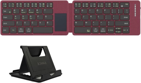 Jomaa foldable Bluetooth keyboard QWERTY, model no., 2-fold, touchpad, ultra-thin, supports up to 3 devices, burgundy