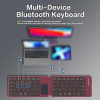 Jomaa foldable Bluetooth keyboard QWERTY, model no., 2-fold, touchpad, ultra-thin, supports up to 3 devices, burgundy