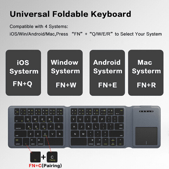 Jomaa DF012T Foldable Bluetooth Keyboard, QWERTY, Touchpad, Tri-Fold, Ultra-Slim, 3 Devices, USB-C, 10m Range, for Smartphone/Tablet/PC