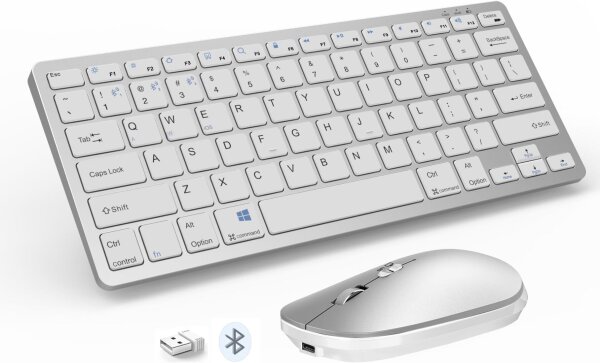 Kabelloses Tastatur-Maus-Set, Dual-Mode Bluetooth/2,4 GHz, Multi-Device, wiederaufladbar, Type-C, Silber, 10 m Reichweite