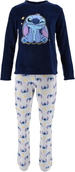 Disney Lilo & Stitch Damen Fleece-Pyjama Set, Größe L, Dunkelblau, weicher Schlafanzug mit Langarmshirt & Hose, Stitch Motiv
