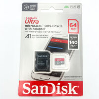 SanDisk Ultra microSDXC 64GB memory card, 140 MB/s, UHS-I, Class 10, A1, incl. SD adapter