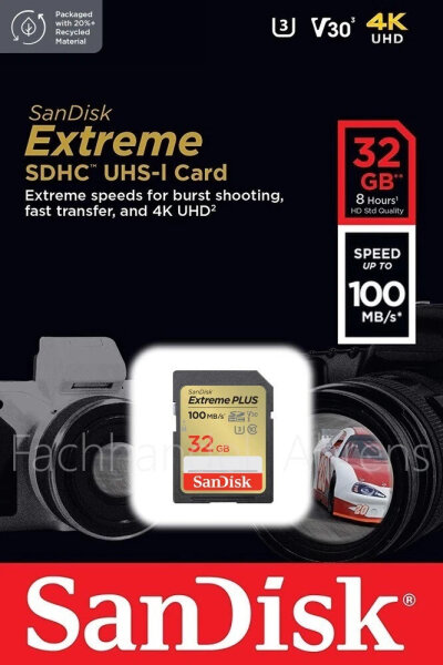 SanDisk Extreme SDHC 32GB memory card, 100MB/s, UHS-I, Class 10, U3, V30, ideal for 4K UHD video
