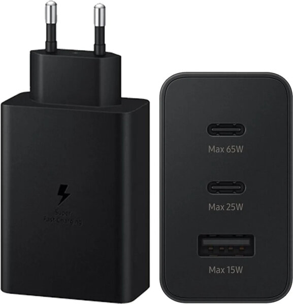 Samsung EP-T6530 Ladeadapter 65W, 2x USB-C & 1x USB-A, Schnellladegerät für Smartphone & Tablet, Schwarz
