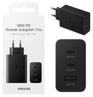 Samsung EP-T6530 Ladeadapter 65W, 2x USB-C & 1x USB-A, Schnellladegerät für Smartphone & Tablet, Schwarz