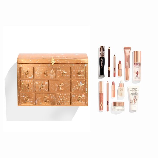 Charlotte Tilbury Charlotte’s Beauty Treasure Chest BCE4UUA5H, cosmetic gift set, makeup and beauty set, orange/gold, luxurious design, diverse beauty products