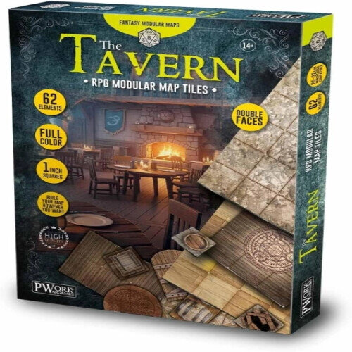 Pwork Wargames Tavern, modulare Spielplanteile, 62 doppelseitige vollfarbige Elemente, 25 mm Raster, für 25–32 mm Miniaturen, ab 14 Jahren