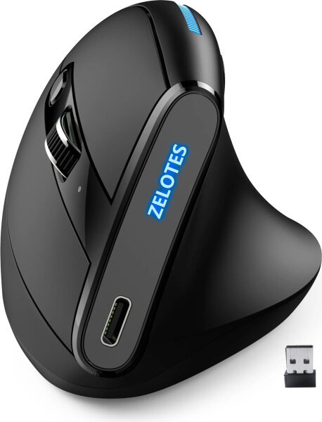 ZELOTES F-36A wireless mouse, 2.4G, 3-level DPI adjustment, ergonomic, bionic scroll wheel, USB Plug & Play, black