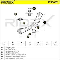 RIDEX 273C0232 Querlenker vorne links, Vorderachse, Stahlblech, Konus 17mm, passend für Fiat Sedici FY, ersetzt 4520254L00, 4520279J00, 71742732