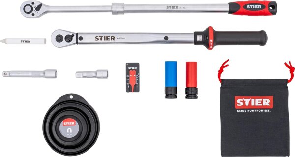 STIER Wheel Mounting Set 1/2", 11-piece, torque wrench 40-200 Nm, extensions, case, high precision