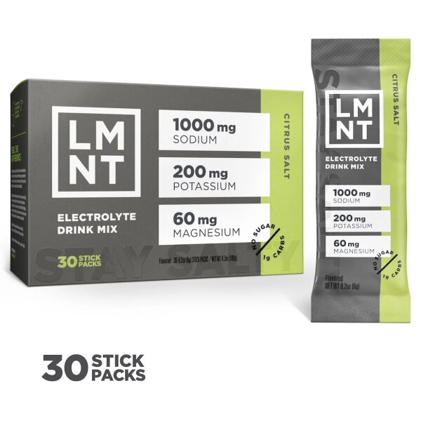 LMNT Citrus Salt Electrolyte Powder, 30 Sticks, Keto & Paleo, 1000mg Sodium, 200mg Potassium, 60mg Magnesium, Sugar-Free