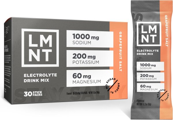 LMNT Grapefruit Salt Electrolyte Drink, 30 Sticks, Keto & Paleo, 1000mg Sodium, 200mg Potassium, 60mg Magnesium, Sugar-Free