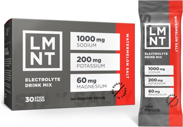 LMNT Watermelon Salt Electrolyte Powder, 30 Sticks, Sugar-Free, 1000mg Sodium, 200mg Potassium, 60mg Magnesium, Drink Mix