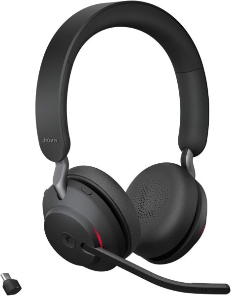 Jabra Evolve2 65 Stereo, kabelloses USB-C Headset, Noise Cancelling, MS Teams zertifiziert, Bluetooth-Adapter, schwarz
