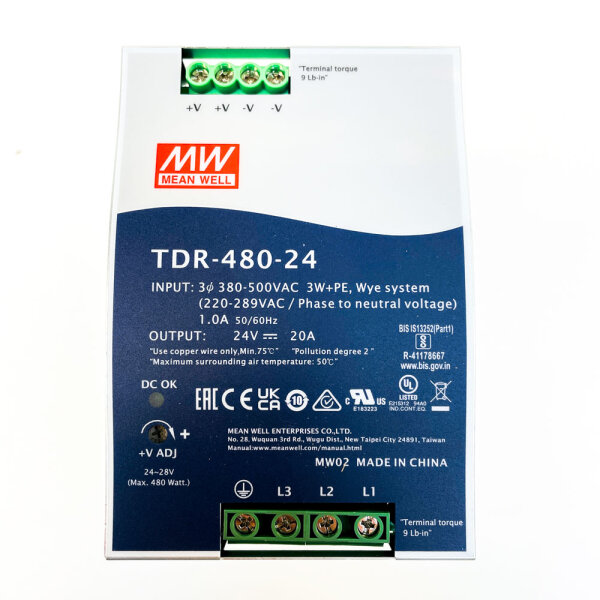 MEAN WELL TDR-480-24, DIN-Rail Power Supply, 24V DC, 480W, Industrial Switching Power Supply, DIN Rail Mounting
