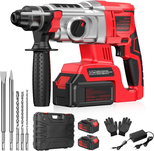 Hammer Drill CD26-4 Akku-Bohrhammer, SDS-plus, bürstenlos, 2x 4000mAh Akkus, 3 Bohrer, 2 Meißel, 4-in-1, kabellos, für Beton/Wände