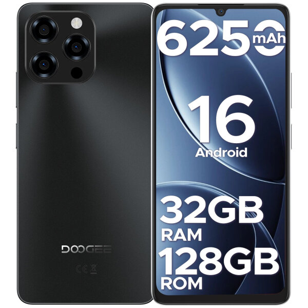 DOOGEE Note 58 Smartphone, 6,75 Zoll HD+, 32+128 GB Speicher, 6250 mAh Akku, Android 16, Schwarz