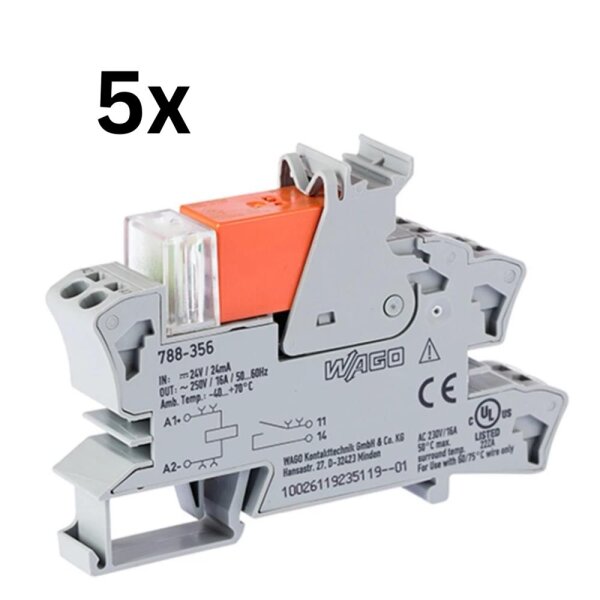 WAGO 788-356 Relay Module, 230 V, 1 normally open contact, 16 A, red status indicator, 15 mm, 5 pieces