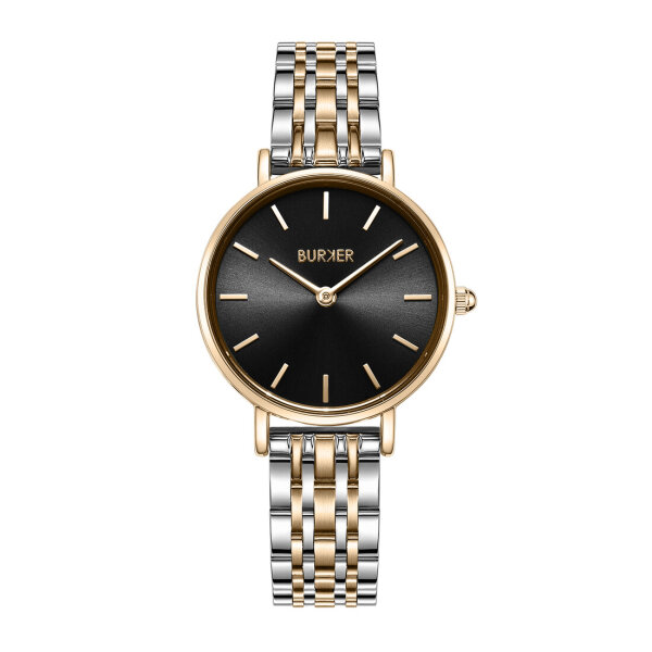 Burker Ruby Petite womens wristwatch, model RPBGSS, stainless steel case, black dial, gold accents, silver mesh strap