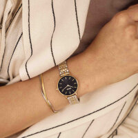Burker Ruby Petite womens wristwatch, model RPBGSS, stainless steel case, black dial, gold accents, silver mesh strap