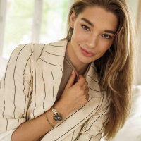 Burker Ruby Petite womens wristwatch, model RPBGSS, stainless steel case, black dial, gold accents, silver mesh strap