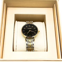 Burker Ruby Petite womens wristwatch, model RPBGSS, stainless steel case, black dial, gold accents, silver mesh strap
