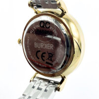 Burker Ruby Petite womens wristwatch, model RPBGSS, stainless steel case, black dial, gold accents, silver mesh strap