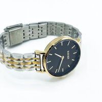 Burker Ruby Petite womens wristwatch, model RPBGSS, stainless steel case, black dial, gold accents, silver mesh strap