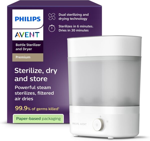 Philips Avent SCF293/00 Baby Bottle Sterilizer & Dryer, chemical-free, 99.9% germ reduction, space for 6 bottles & accessories