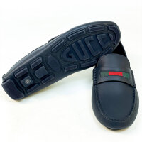 Gucci Herren Mokassin AAFU2, dunkelblaues Leder, Größe 41.5, Web-Detail, eleganter Slipper