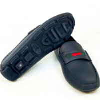 Gucci mens moccasin AAFU2, size 44, dark blue leather, web detail, elegant slipper