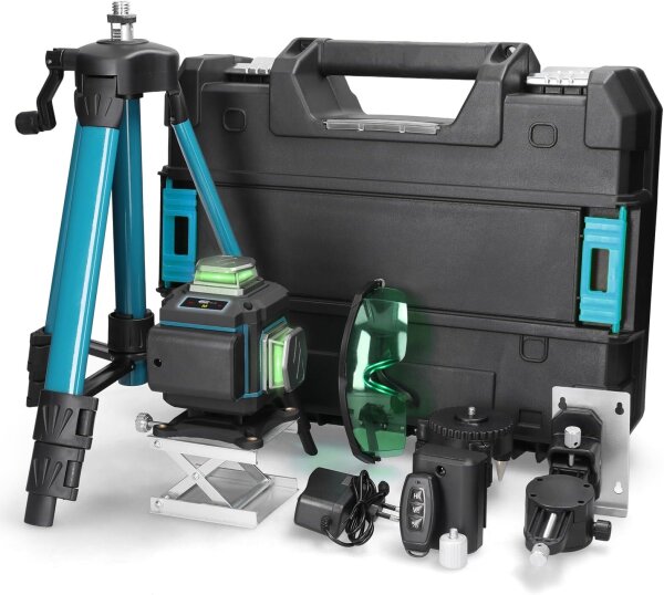3D cross line laser with 16 lines, self-leveling, including tripod, rechargeable, multi-function leveling device