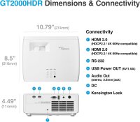 Optoma GT2000HDR projector, DLP, 3500 ANSI lumens, Full HD 1080p, 3D-capable, short throw, HDR support