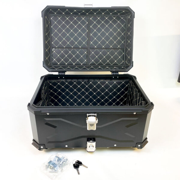 Aluminum motorcycle top case, black waterproof travel case, helmet storage, robust, lockable