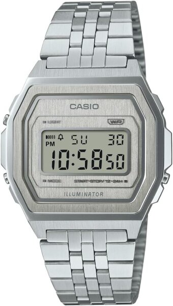 Casio A1000A-7EF, digital wristwatch, silver, stainless steel case and bracelet, water-resistant, retro design