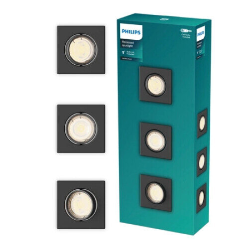Philips Peridot LED GU10 3er-Set, quadratische Einbaustrahler, schwarz, Aluminium, versenkbar, Deckenleuchte