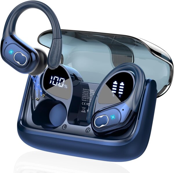 STECEi HD65 Sport In-Ear Bluetooth 5.4 Headphones, 75h Battery, HD Microphone, Ear Hooks, IP7 Waterproof, Blue