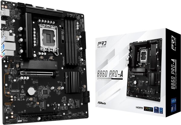 ASRock B860 Pro-A Mainboard, Intel LGA1851, ATX, DDR5, PCIe 5.0, USB 3.2, M.2, HDMI, DisplayPort
